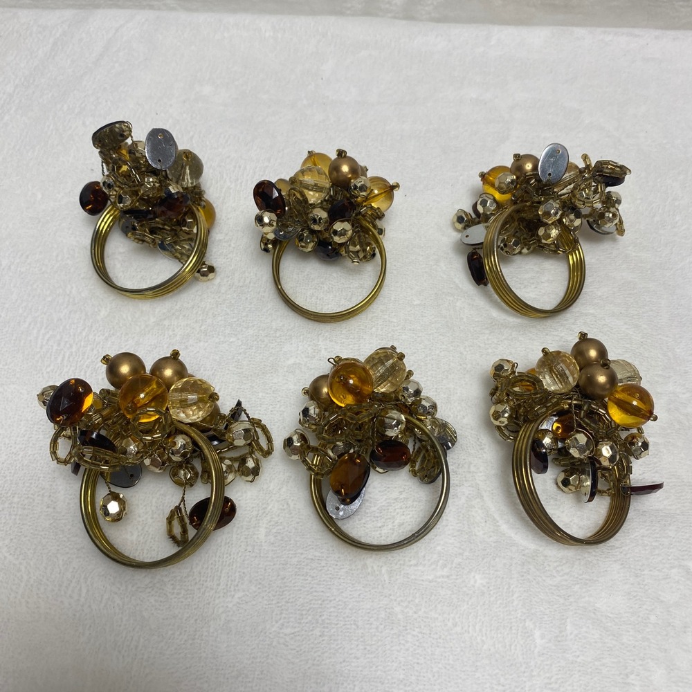 Vintage Goldtone Cluster Beaded Napkin‎ Rings Holiday Christmas Thanksgiving